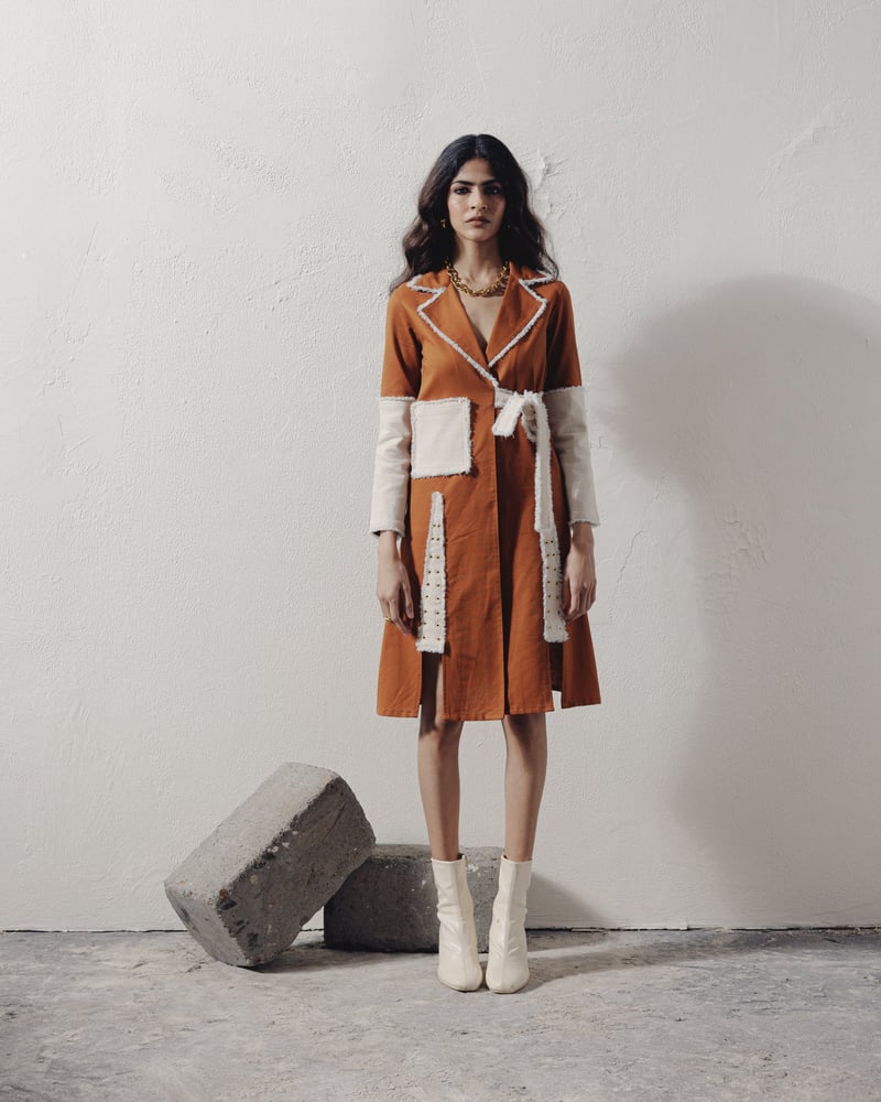Rust Denim Colorblock Wrap Dress with Lapel Collar