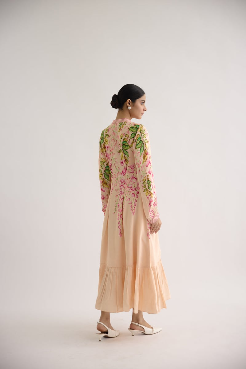 Peach Floral Printed Maxi Shirt Dress with Button Front