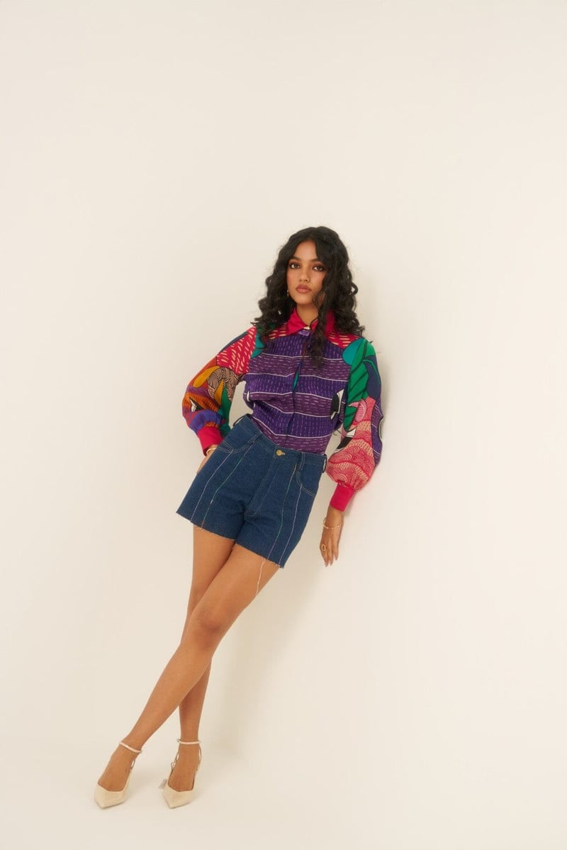 Multicolor Printed Organza Satin Shirt with Contrast Collar