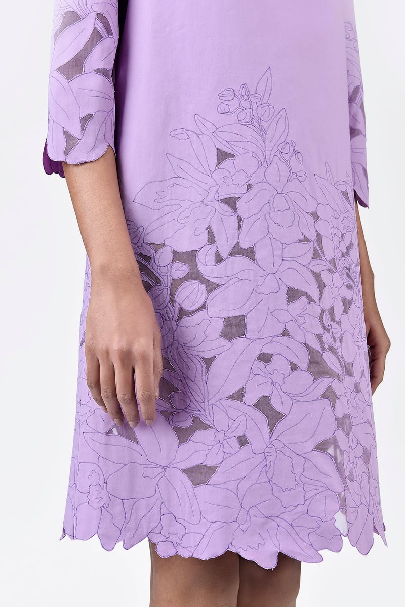 Lavender A-Line Knee-Length Dress with Cutwork Embroidery