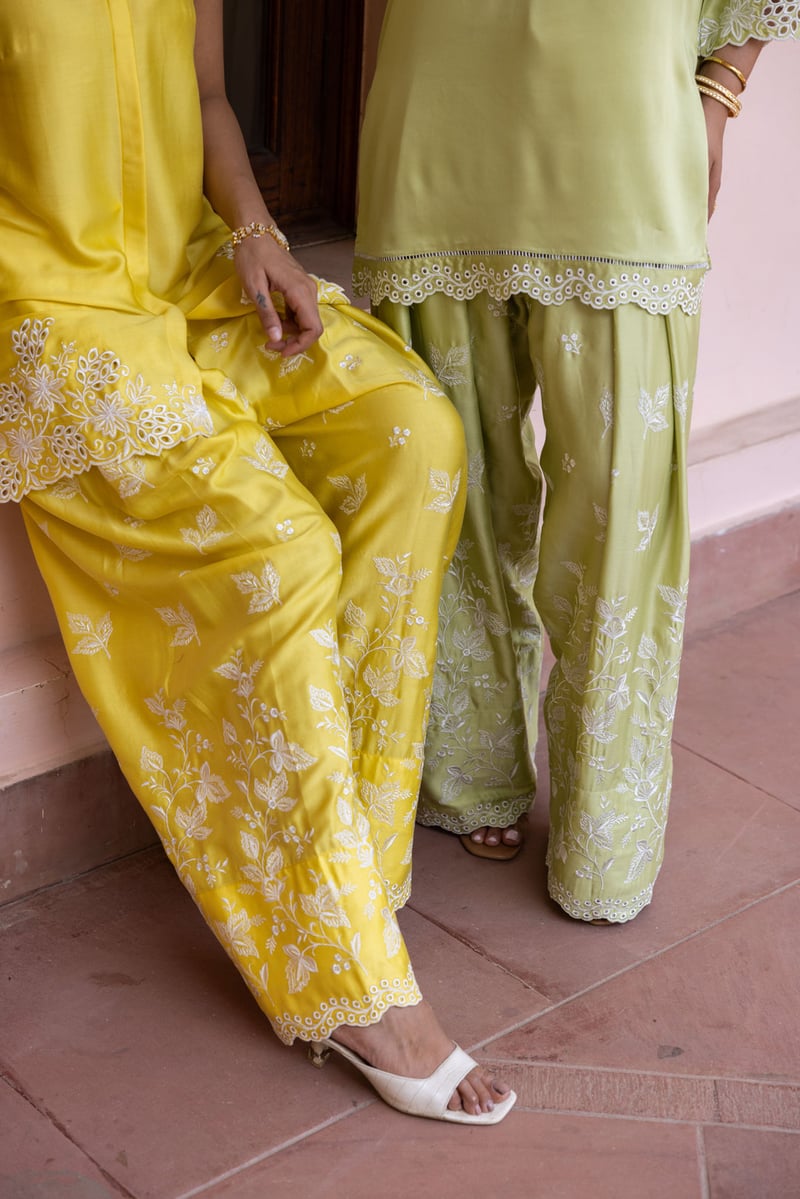 Yellow Cutwork Embroidered Tunic and Farshi Pants Co-ord Set