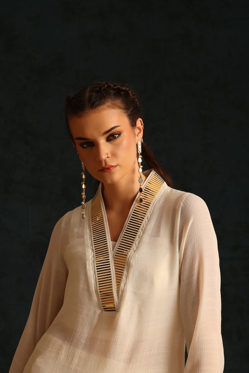 Off-White Foil-Lace Tunic and Palazzo Co-ord Set