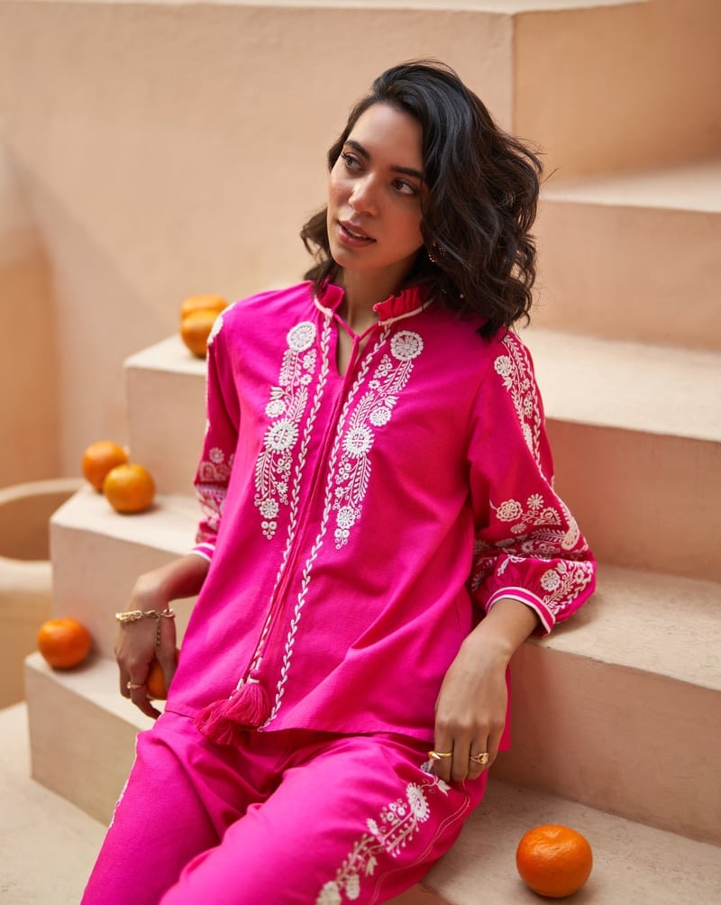 Pink Embroidered Longline Tie-Up Tunic Top