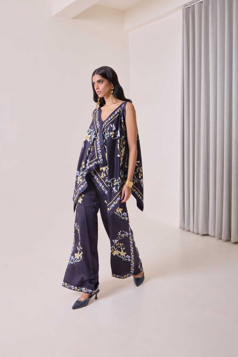 Navy Placement Floral Wide-Leg Trousers