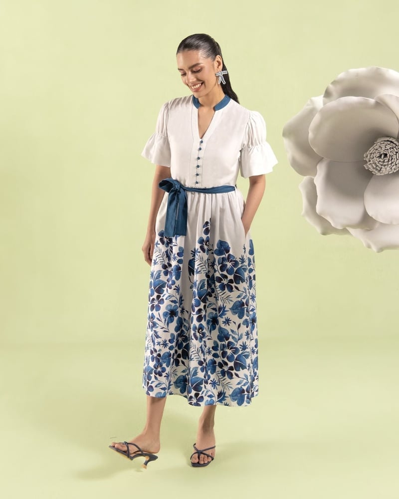 Blue/White Floral Midi Shirt Dress with Tie Belt