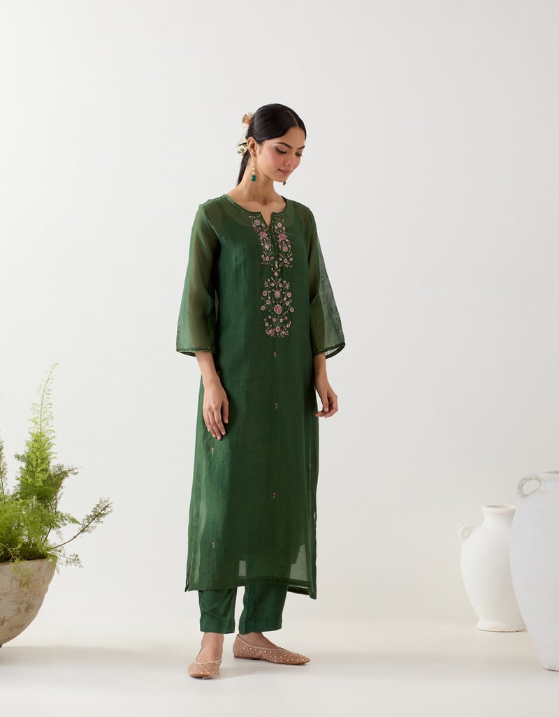 Bottle Green Embroidered Straight Kurta Set with Slip