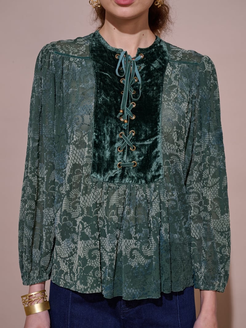 Green Burnt Velvet Lace-Up Yoke Flowy Top
