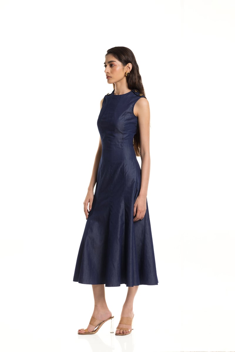 Denim Blue Sleeveless Fit and Flare Midi Dress