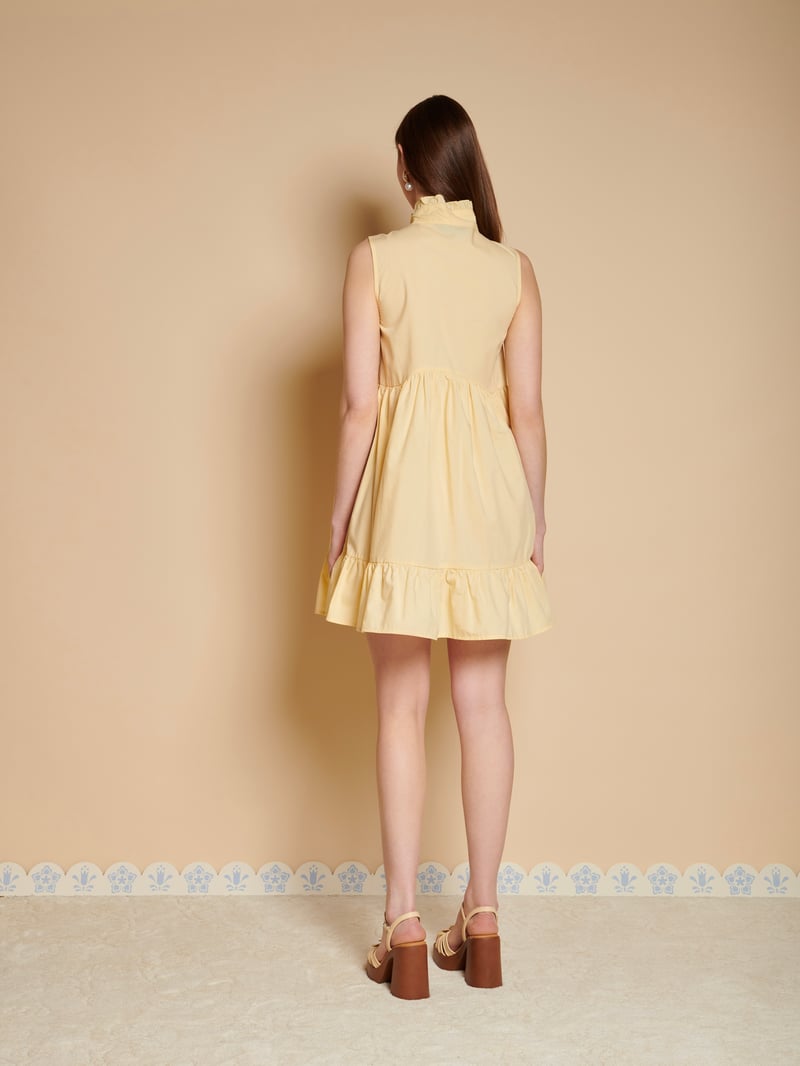 Yellow High Neck Bow Detail Tiered Mini Dress