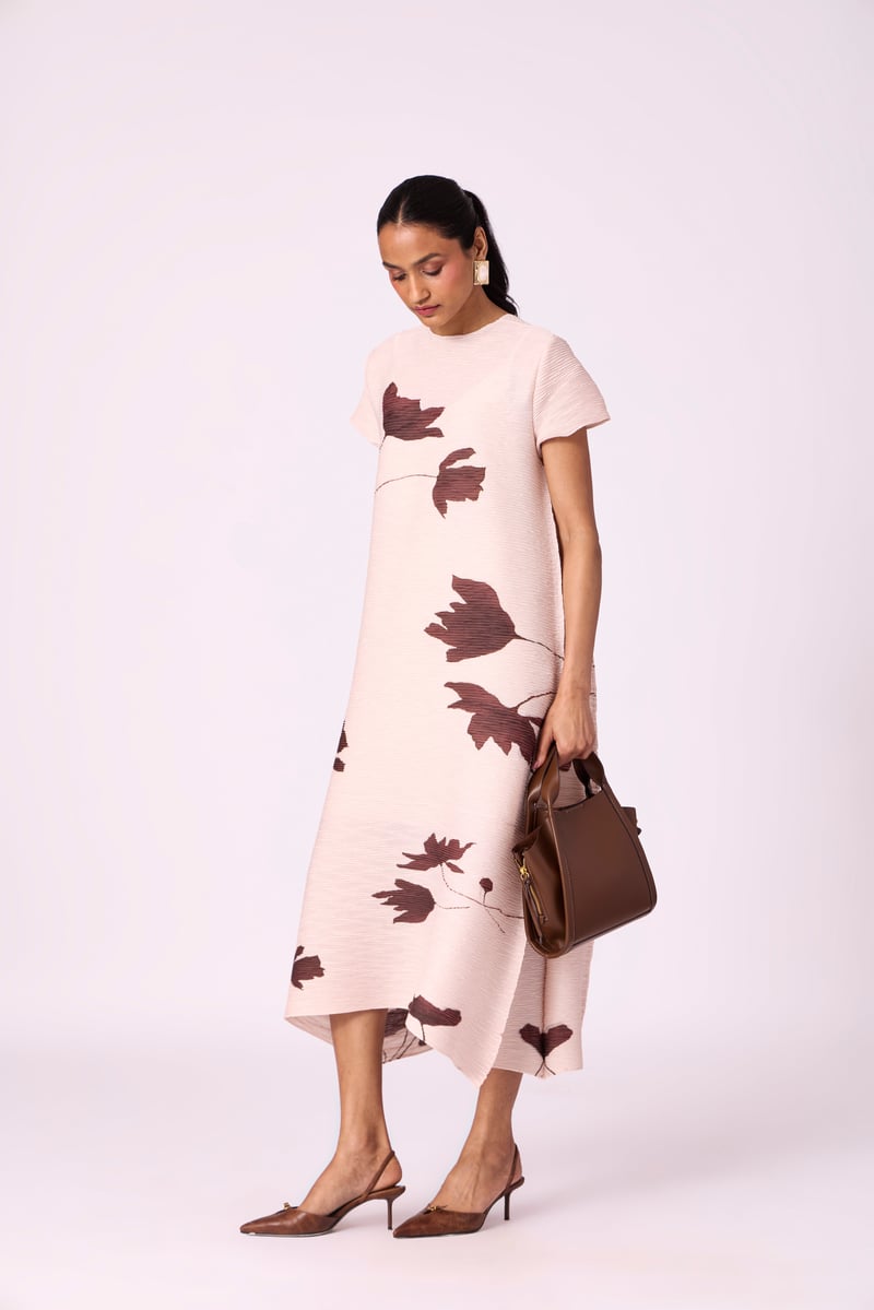 Nude Beige Pleated Floral Midi Dress