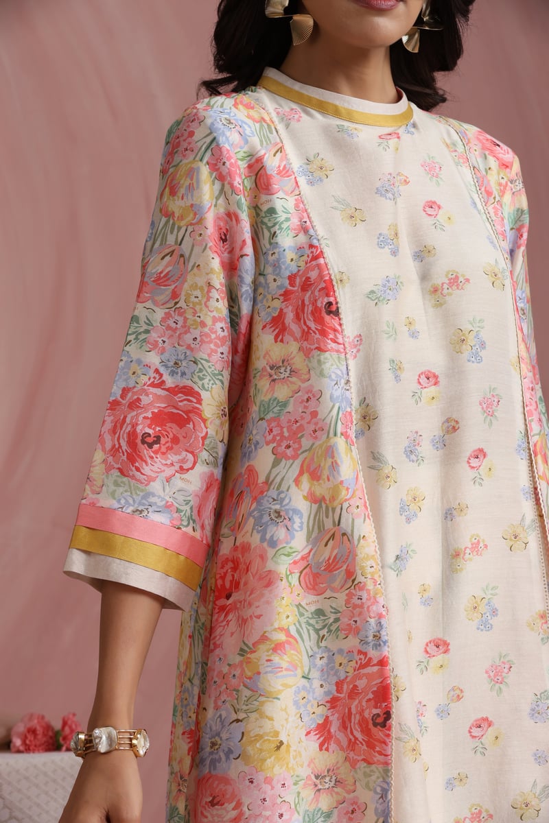 Ivory Floral Printed A-Line Kurta Set with Wide-Leg Trousers