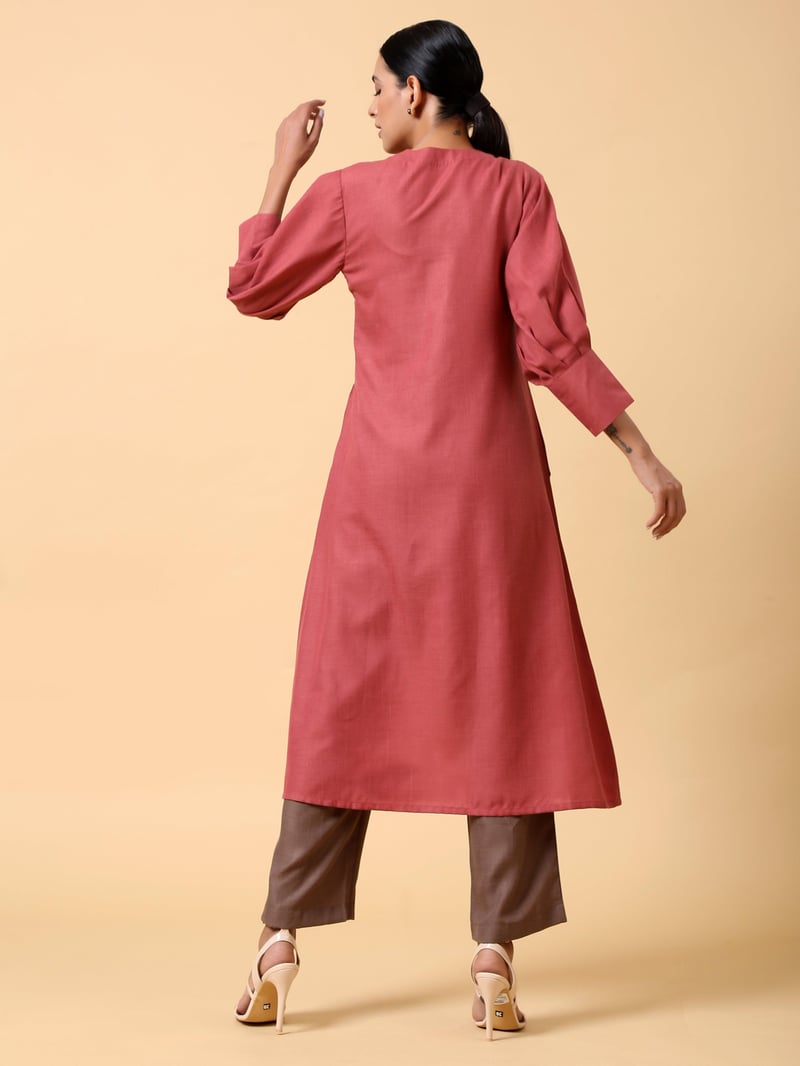 Rust Red Cotton Linen Straight Kurta Pant Set
