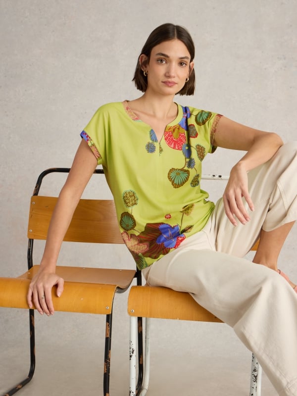 Yellow Print Notch Neck Cotton Jersey T-Shirt