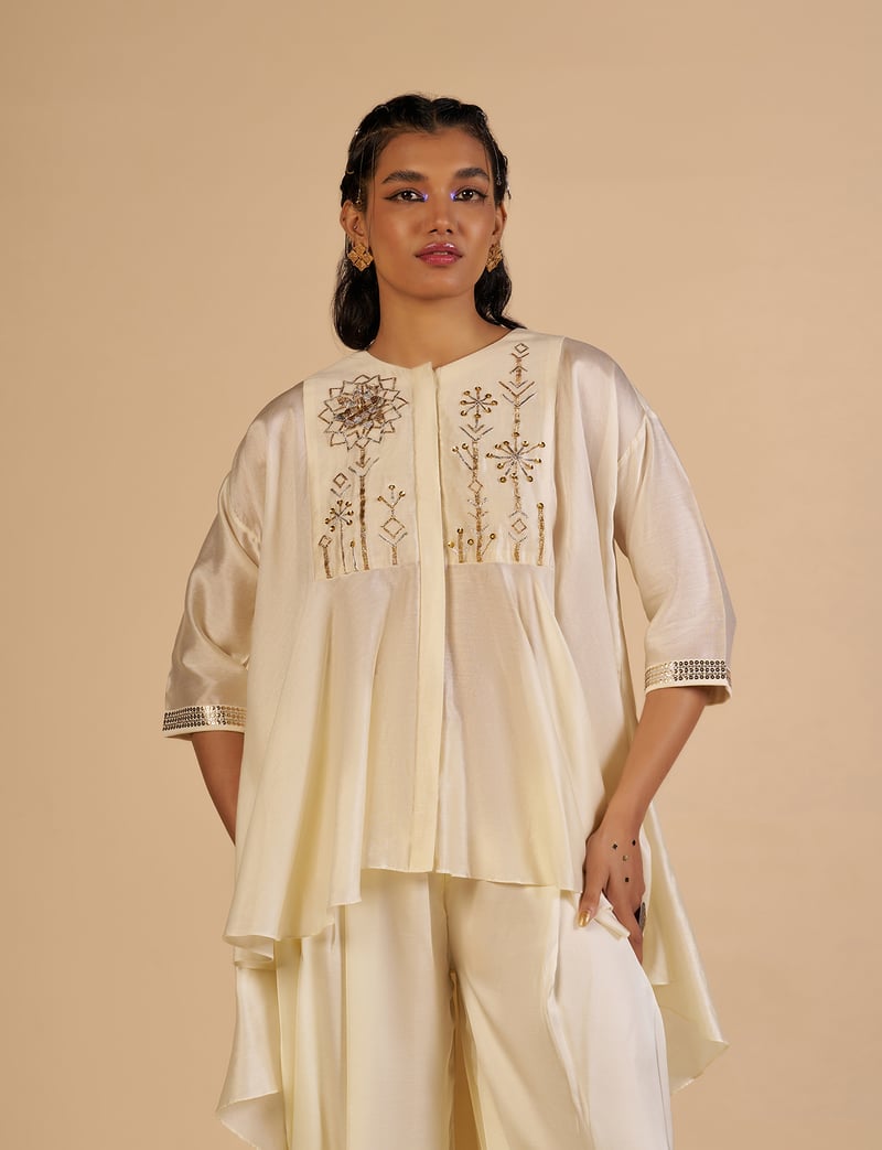 Off White Circular-Cut Asymmetric Embellished Shirt — Gulabo by Abu Sandeep