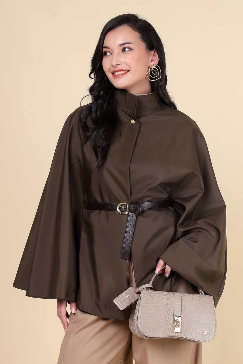 Bordo Brown High Neck Belted Cape-Sleeve Jacket