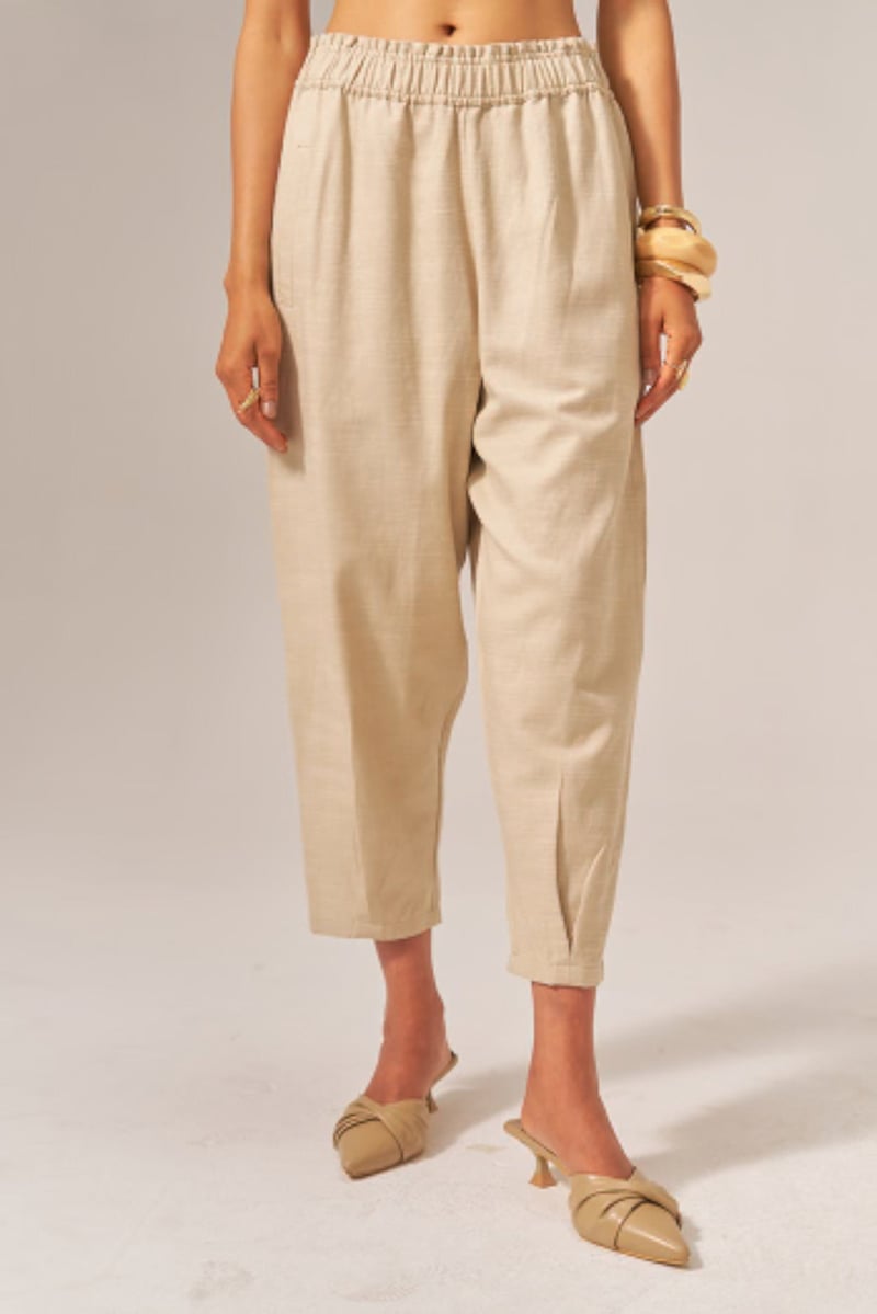 Beige Cotton Slub Shirt and Tapered Pants Co-ord Set