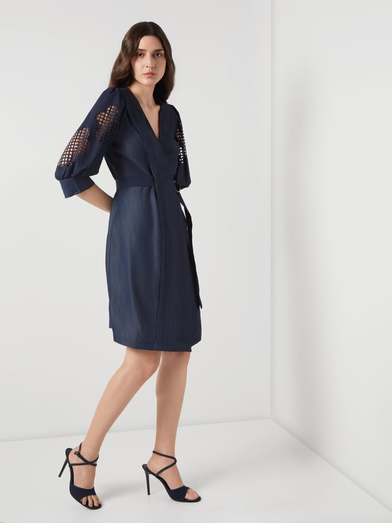 Navy Tencel Denim Wrap Dress with Cutwork Sleeves