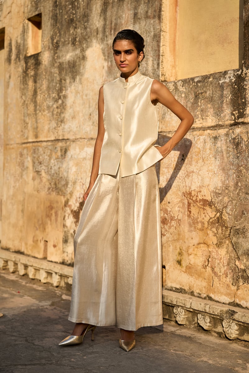 Ivory Metallic Wide-Leg High-Waist Trousers