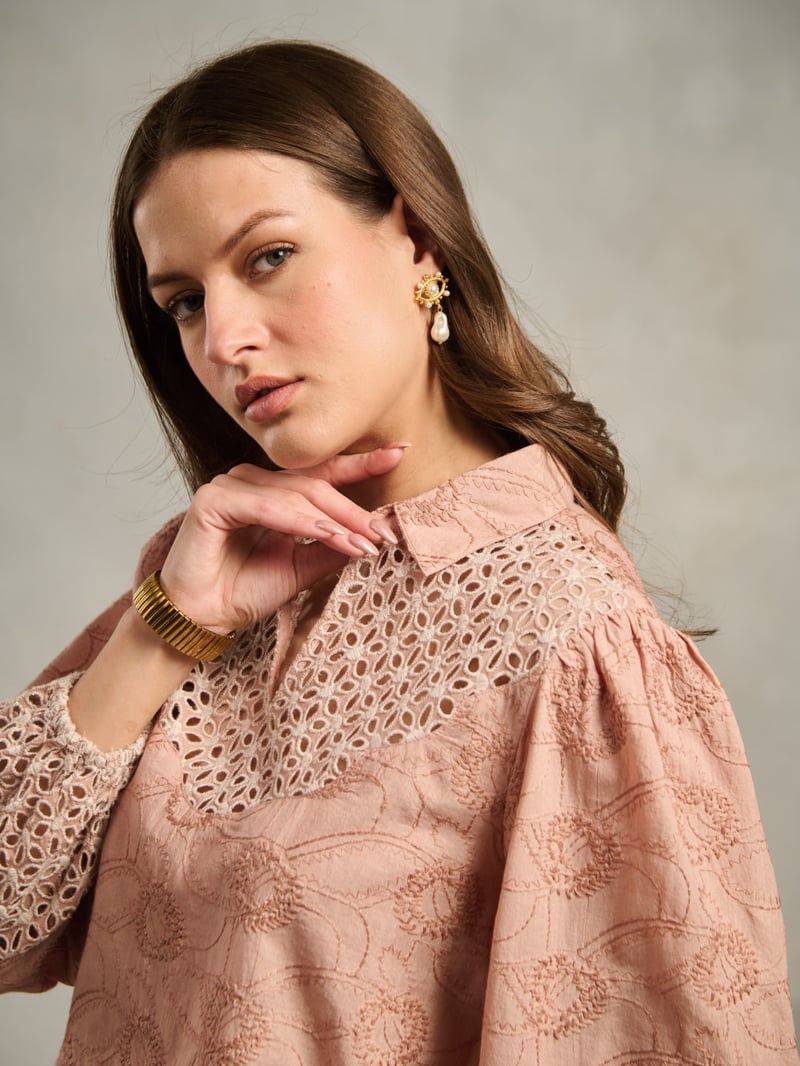 Peach Cotton Schiffli Cutwork Collared Blouse