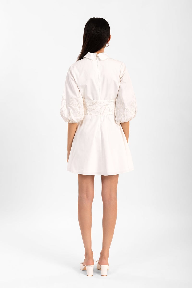 White Embroidered Shirt Collar Fit and Flare Mini Dress