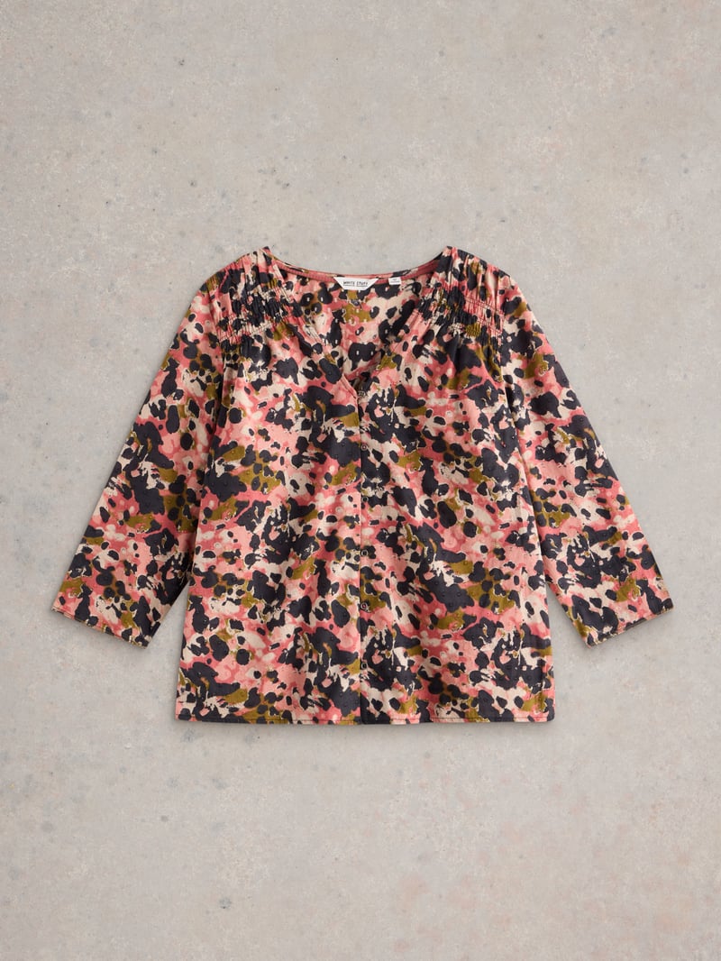 Pink Abstract Print V-Neck Button-Through Cotton Top