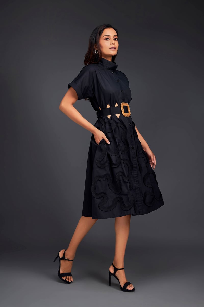 Black Midi Shirt Dress with Belt and Waist Cut-Outs