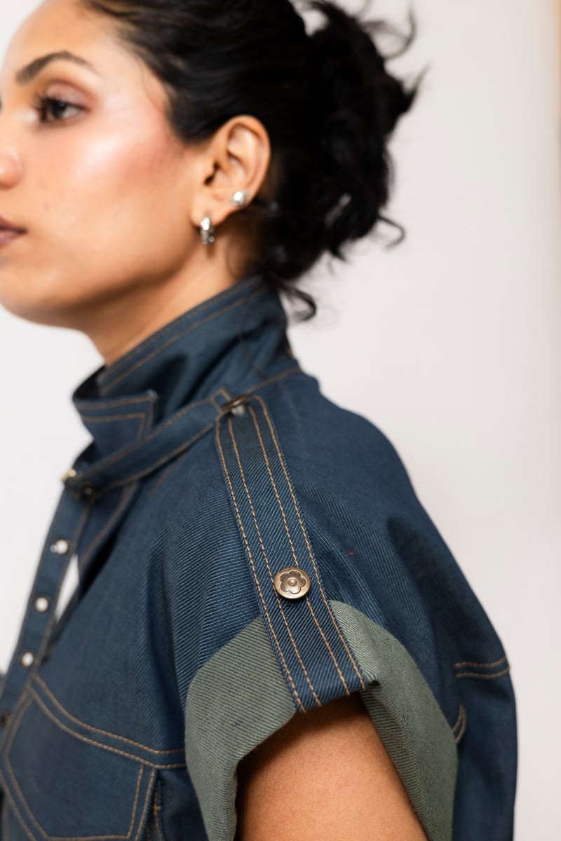 Dual-Tone Denim Utility Jacket with Lace-Up Front