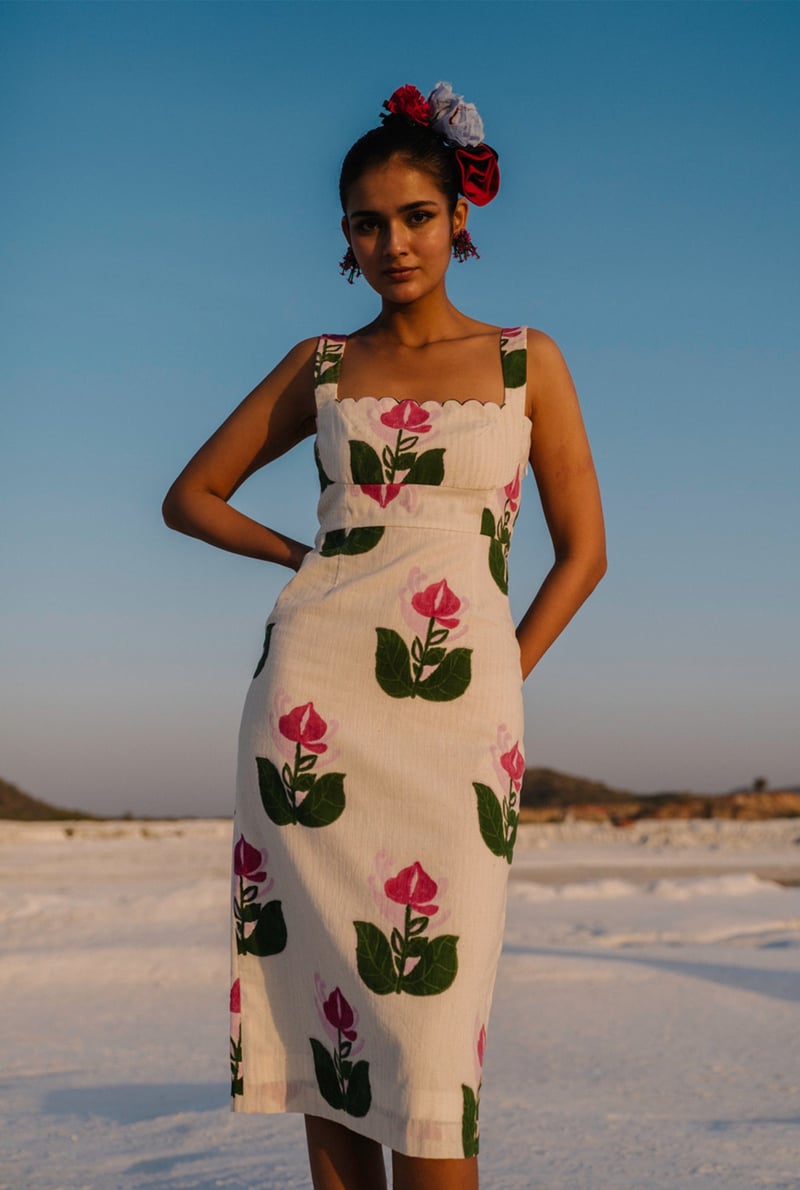 White Pink Floral Square Neck Sheath Midi Dress