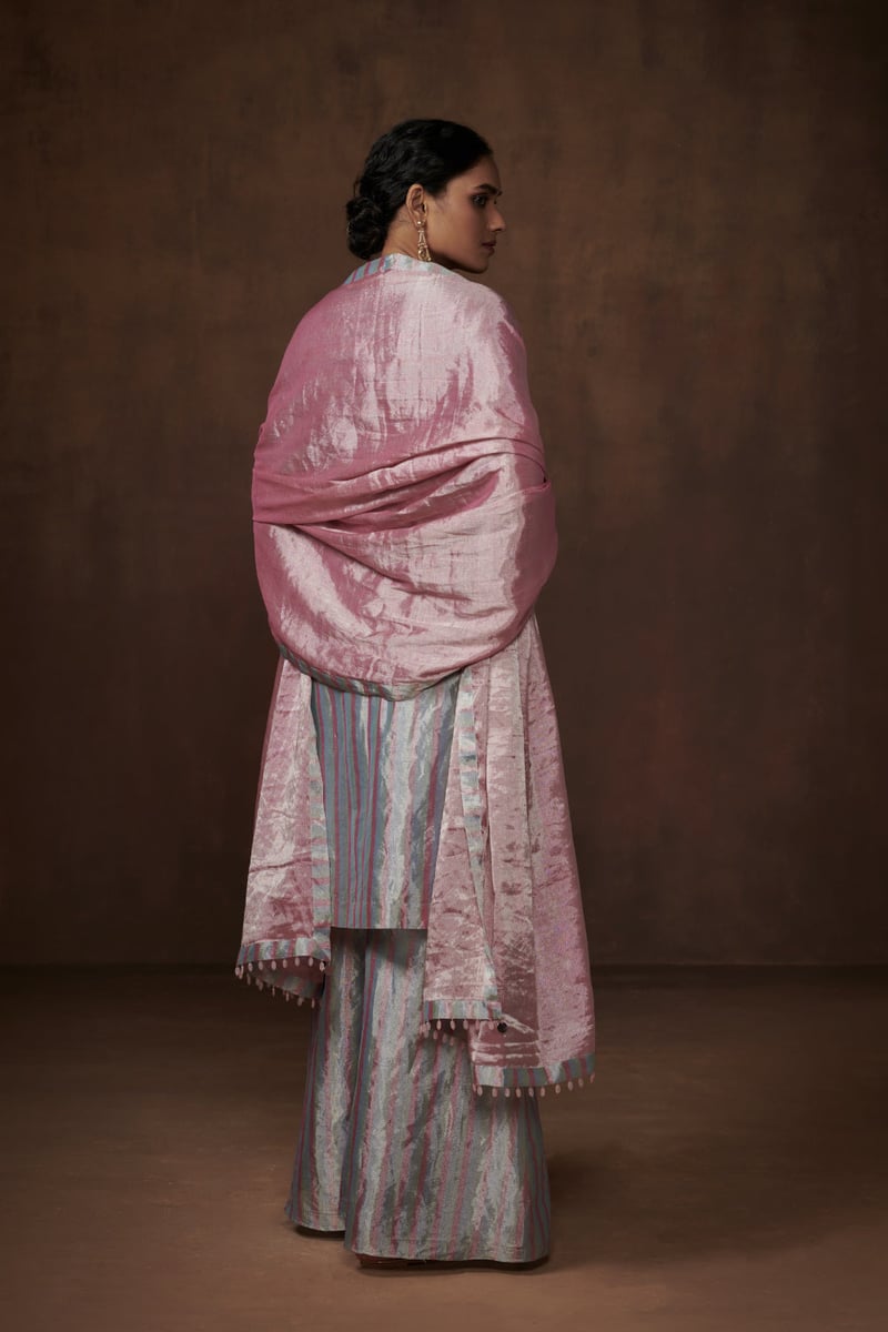 Multicolor Pastel Striped Tissue Kurta Set with Palazzo