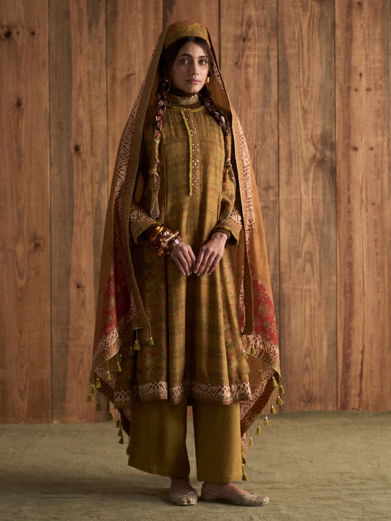 Green Printed A-Line Kurta Set with Dupatta — SAUNDH