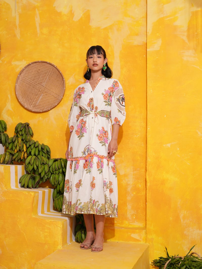 Off White Tropical Printed Button-Down Tiered Midi Dress
