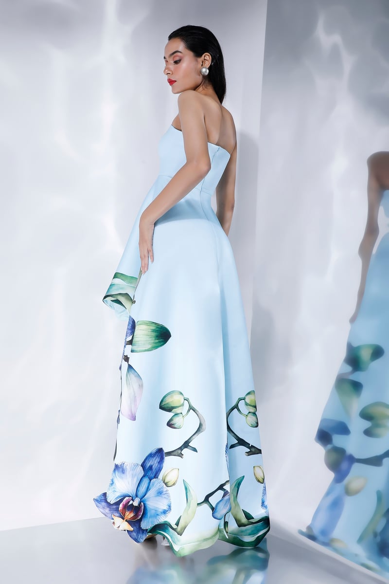 Light Blue Off-Shoulder High-Low Floral Print Maxi Dress