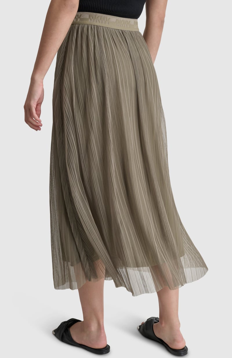 Olive Pleated Midi Skirt with Logo Waistband