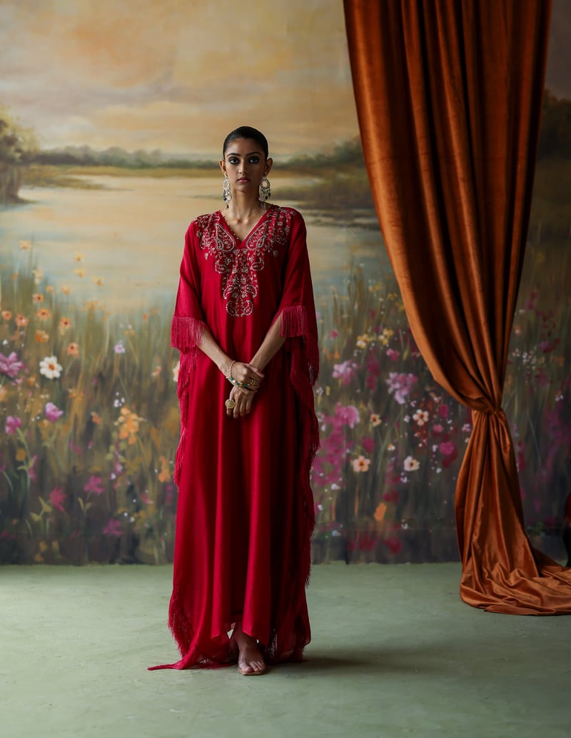 Scarlet Embroidered Silk Chanderi Kaftan Set