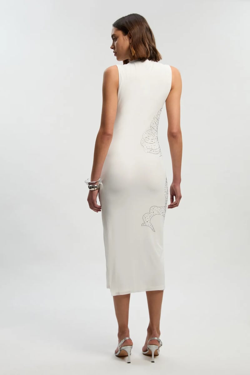 White Rhinestone Floral Bodycon Midi Dress with Slit