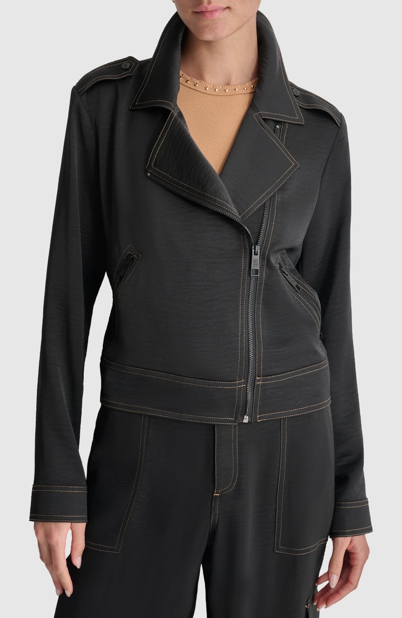 Black Cropped Zip-Front Lapel Collar Jacket