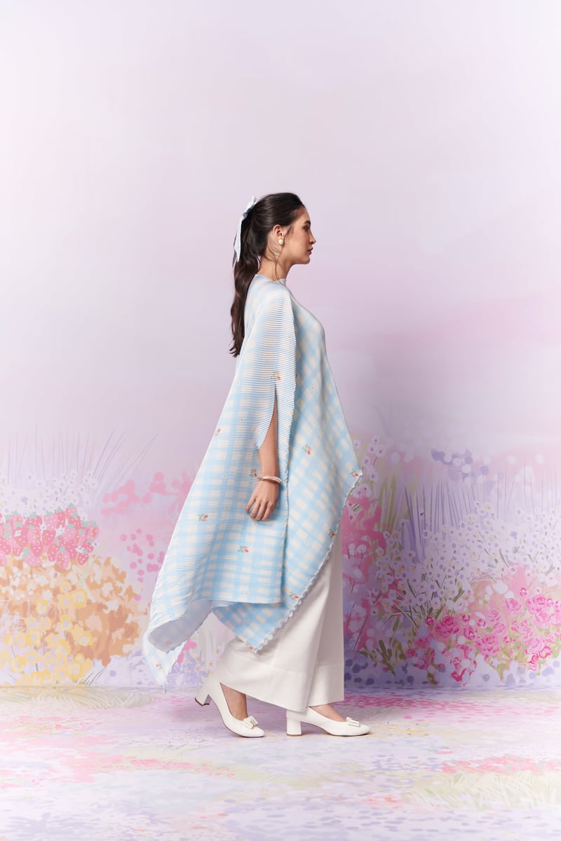 Blue/White Gingham Pleated Cape Overlay