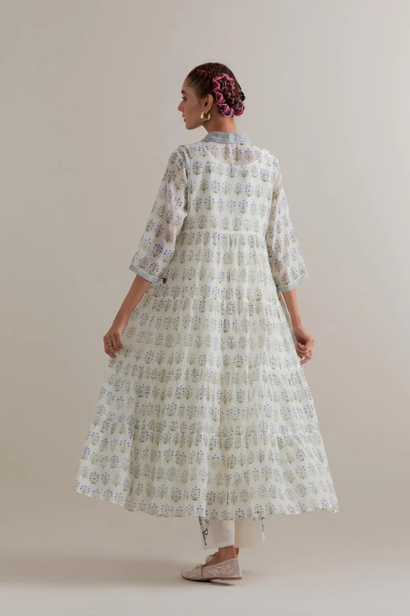 Blue/Green Floral Printed Tiered Kurta Set with Slip