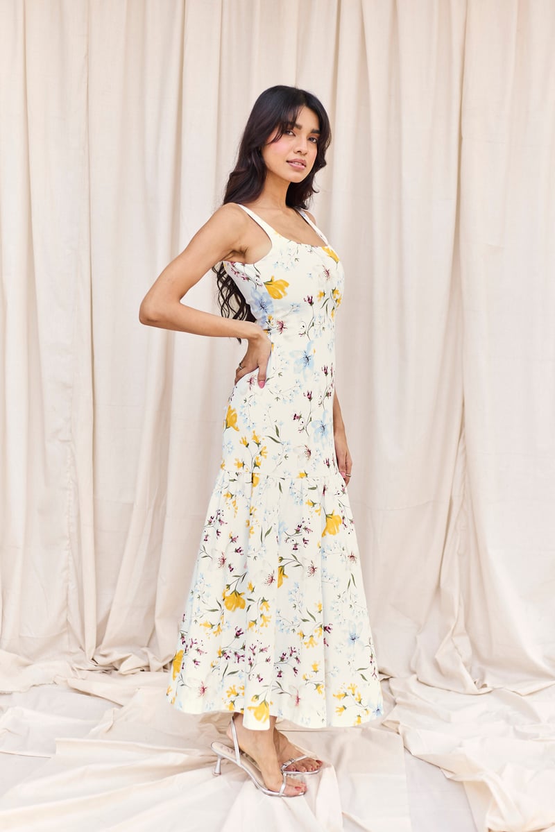 White Floral Fit & Flare Midi Dress