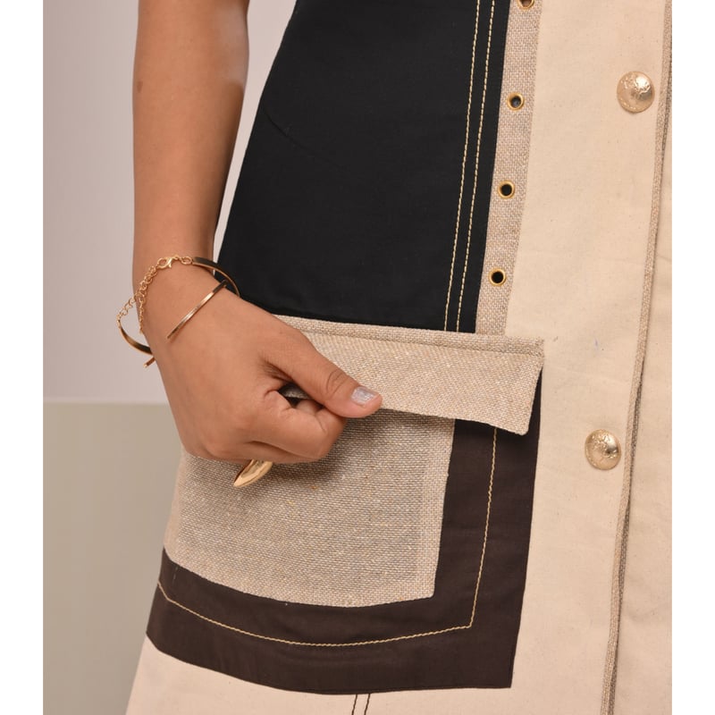 Beige and Black Colorblock Utility Shirt Dress