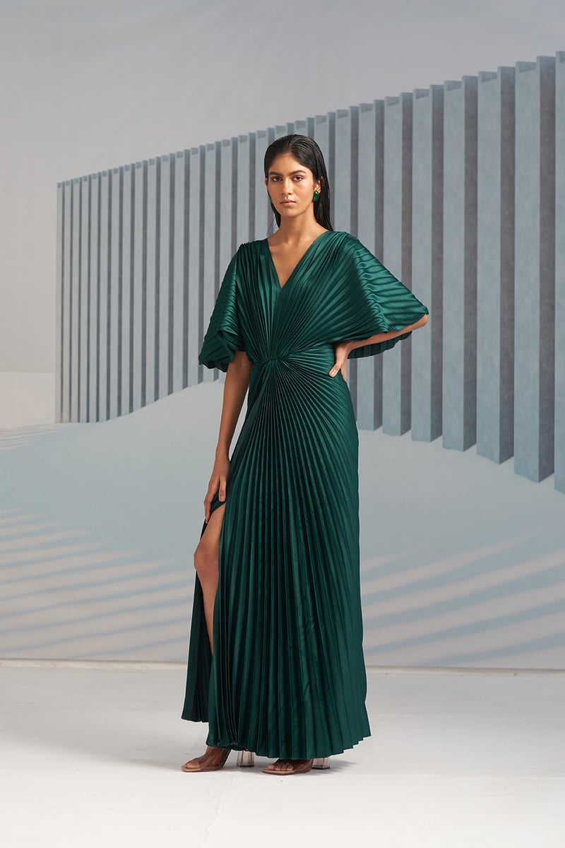 Green Pleated Maxi Gown with V-Neck and Front Slit
