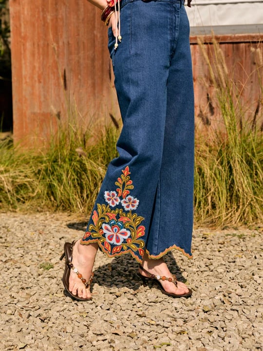Blue High-Rise Wide-Leg Jeans with Hem Embroidery