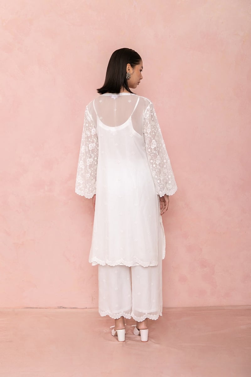 White Organza Tonal Embroidered Kurta Set