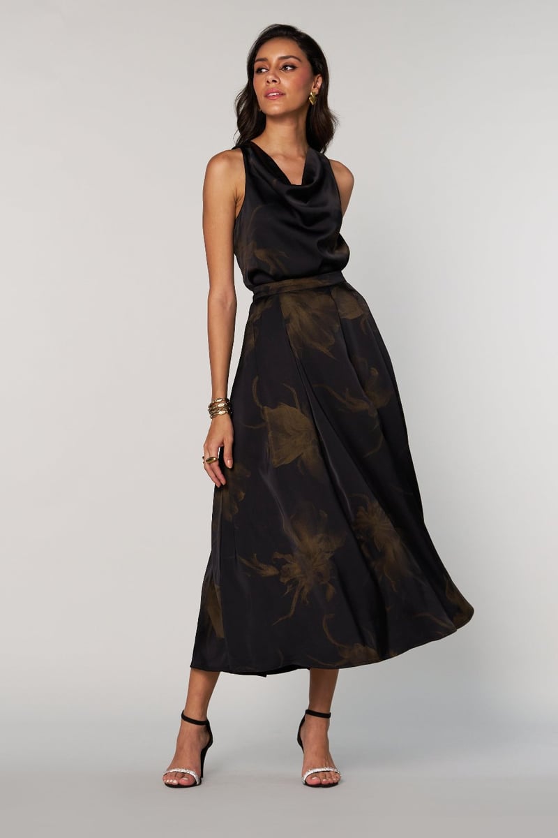 Black Satin Tonal Floral Print A-Line Midi Skirt