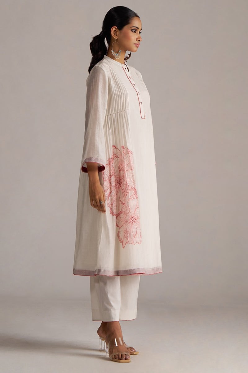 Ivory and Maroon Chanderi Floral Print A-Line Kurta Set