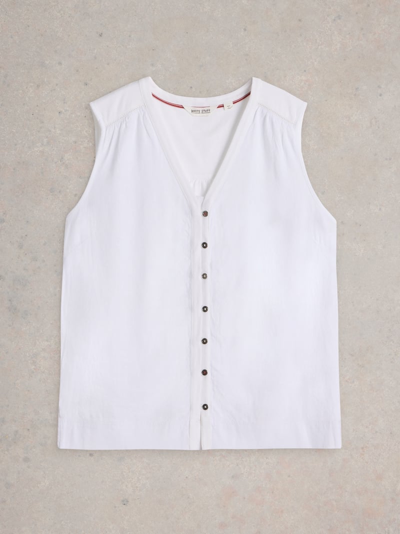 Brilliant White Sleeveless V-Neck Button-Front Top