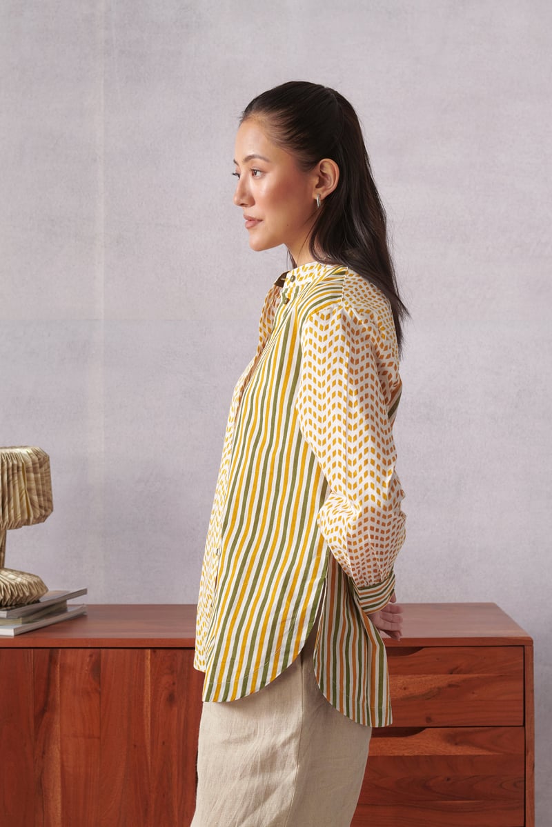 Multicolor Cotton Striped and Geometric Mandarin Collar Shirt