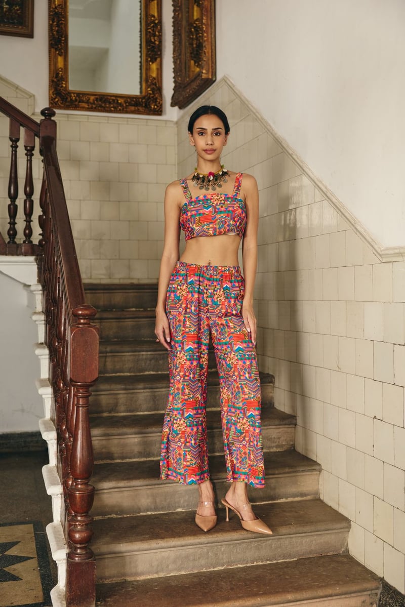 Multicolor Printed Satin 3-Piece Co-ord Set