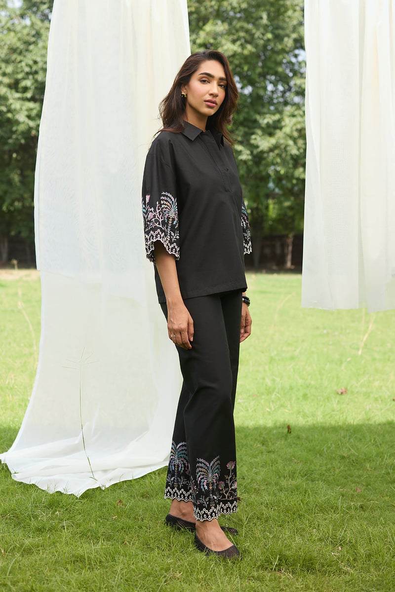 Black Embroidered Co-ord Set with Wide-Leg Pants — INCHING INDIA