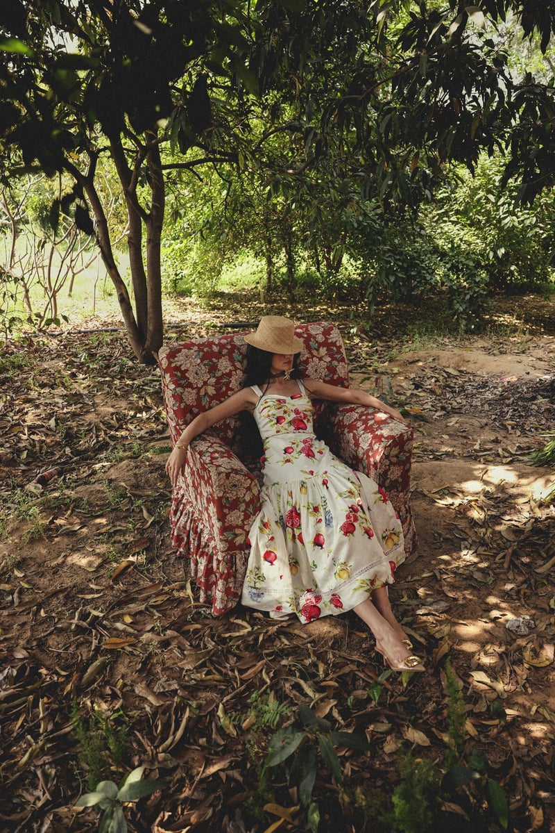 Off White Sweetheart Neck Fruit Print Maxi Dress